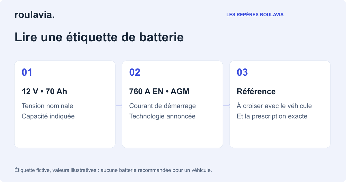 Schéma pédagogique de lecture d’une étiquette fictive de batterie.