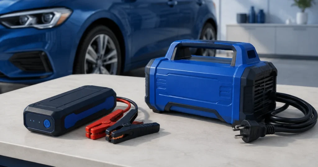 Booster compact et chargeur de batterie présentés côte à côte