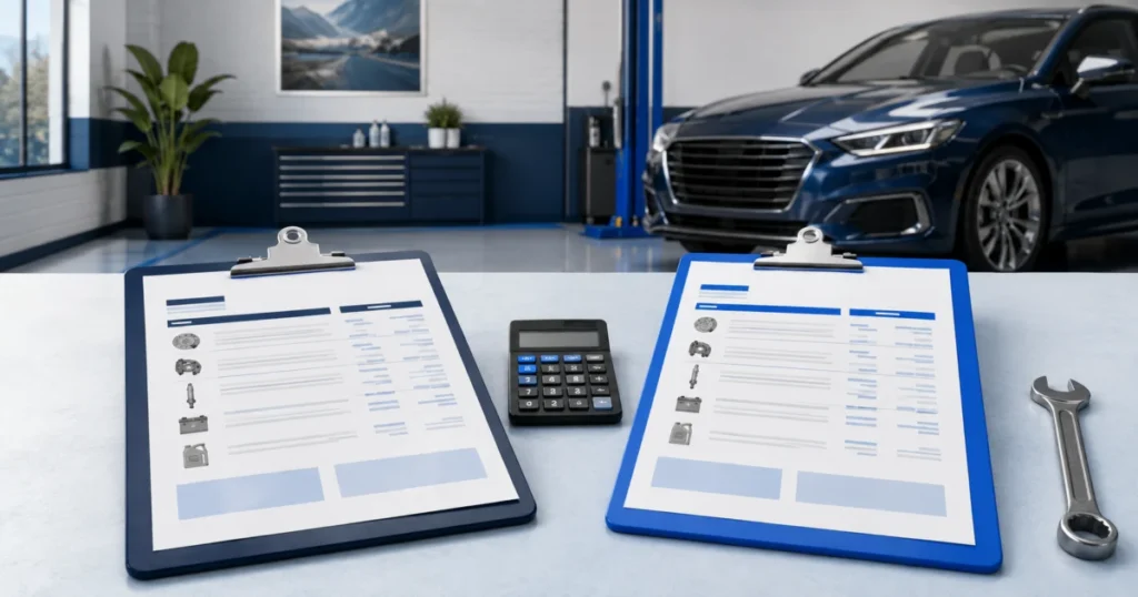 Deux devis de garage disposés côte à côte avec une calculatrice