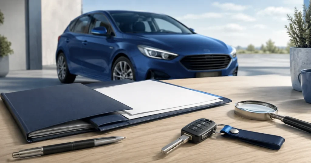 Dossier de documents, clé et voiture avant une visite d’achat