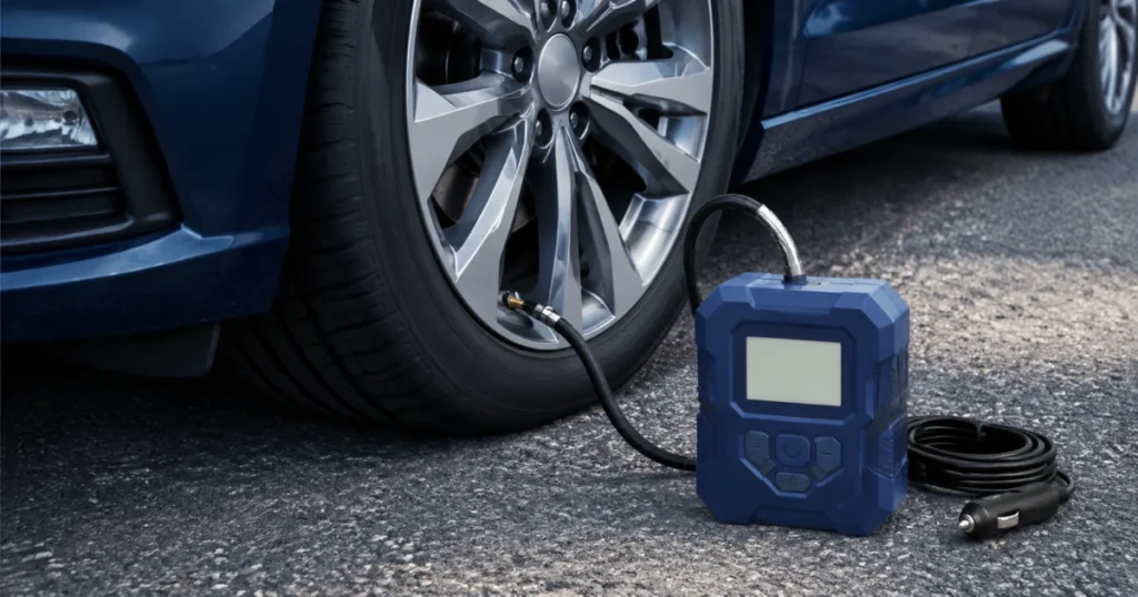 Gonfleur portable branché à la valve d’un pneu de voiture