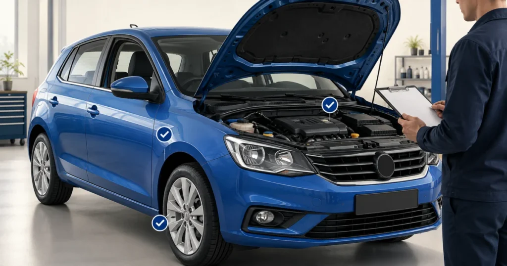 Inspection illustrative d’une voiture avec capot ouvert et fiche de contrôle