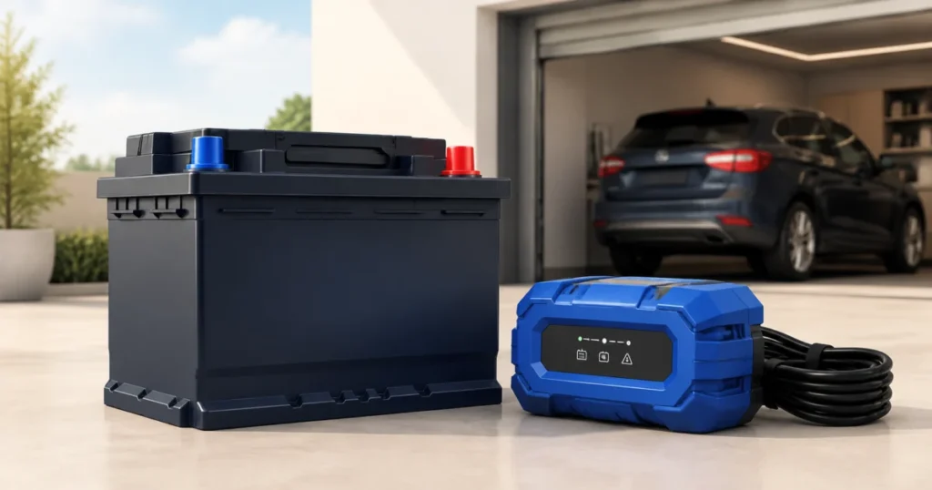 Batterie de voiture et chargeur de maintien dans un garage