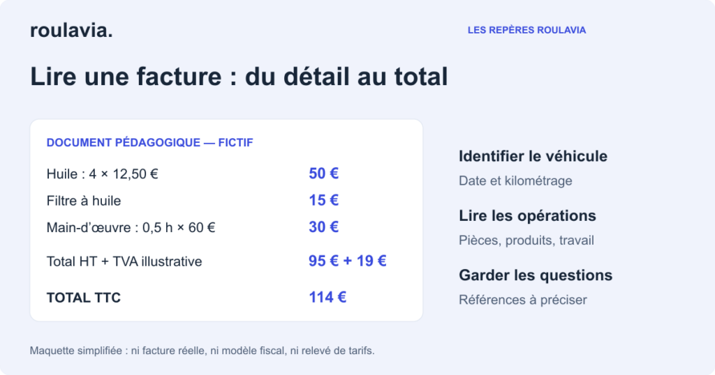 Exemple fictif de facture : lignes, TVA et total
