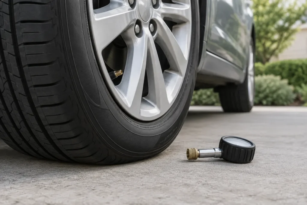 Roue de voiture, valve visible et manomètre posé à proximité