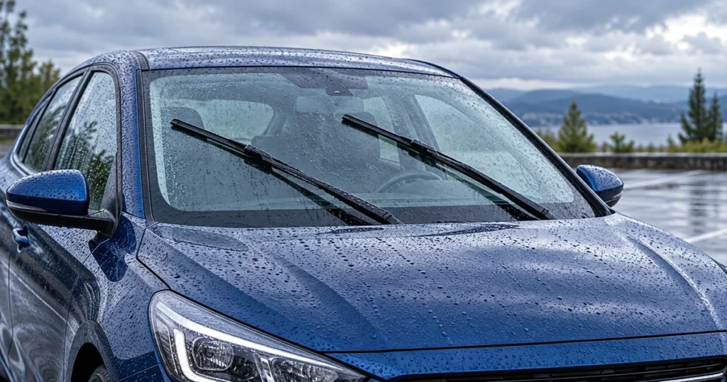Essuie-glaces arrêtés à mi-course sur le pare-brise d’une voiture bleue